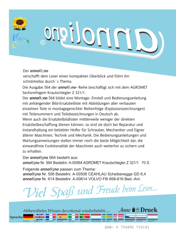 AGROMET Häcksler sechsreihiger Krautschlegler Typ Z 321/1 Bild Bedienungsanleitung & Bild- Ersatzteilliste - annoligno 564